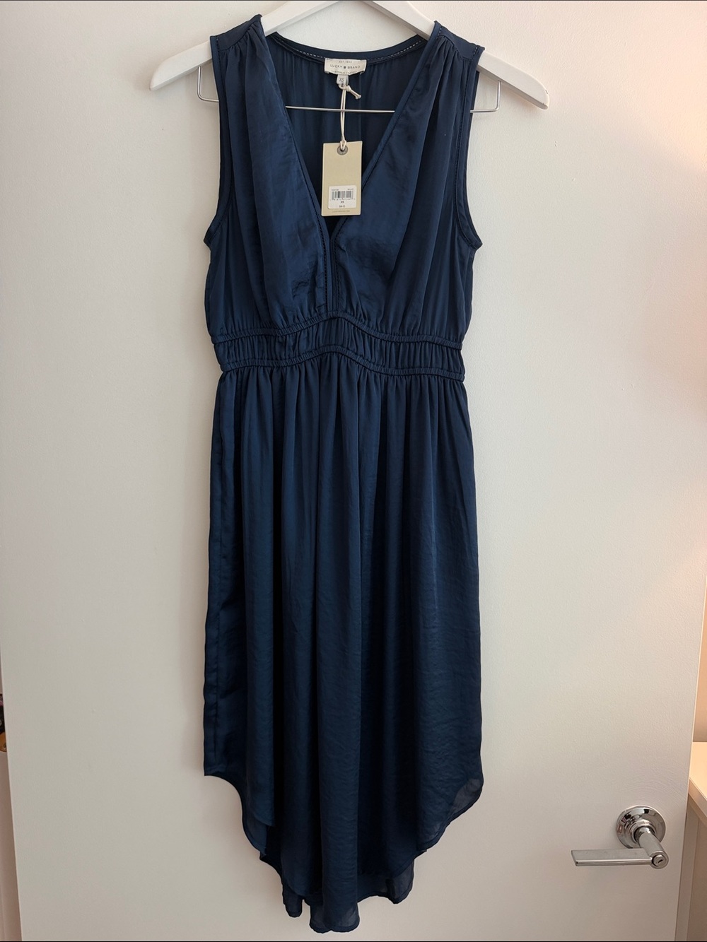 Lucky Brand Navy Satin Asymmetrical Sleeveless V-Neck Dress